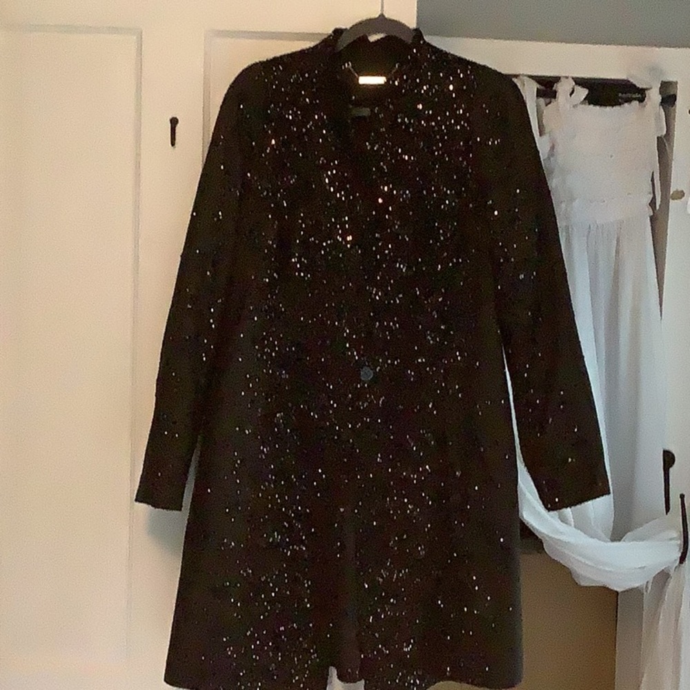 WHBM Black Sequin Long Knee Length Coat